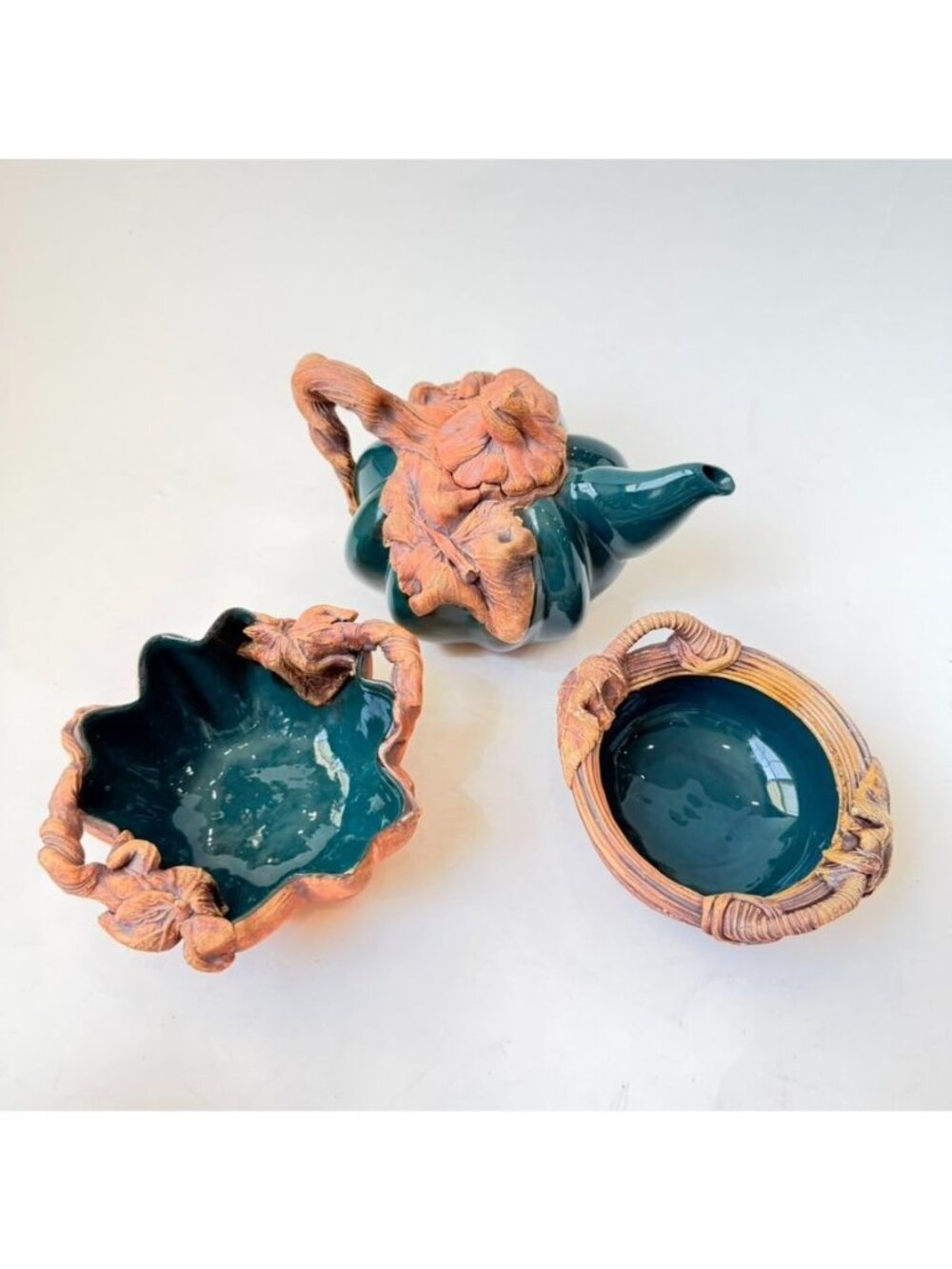 Vintage Terrafirma Ceramics Ellen Evans Green Pumpkin Teapot Bowls 3 Piece Set